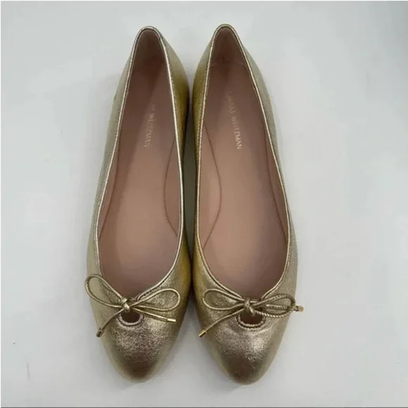 Stuart Weitzman Gabby Flats Gold Platino Ballet Leather Bows Classic NWT 7.5 - Picture 8 of 12